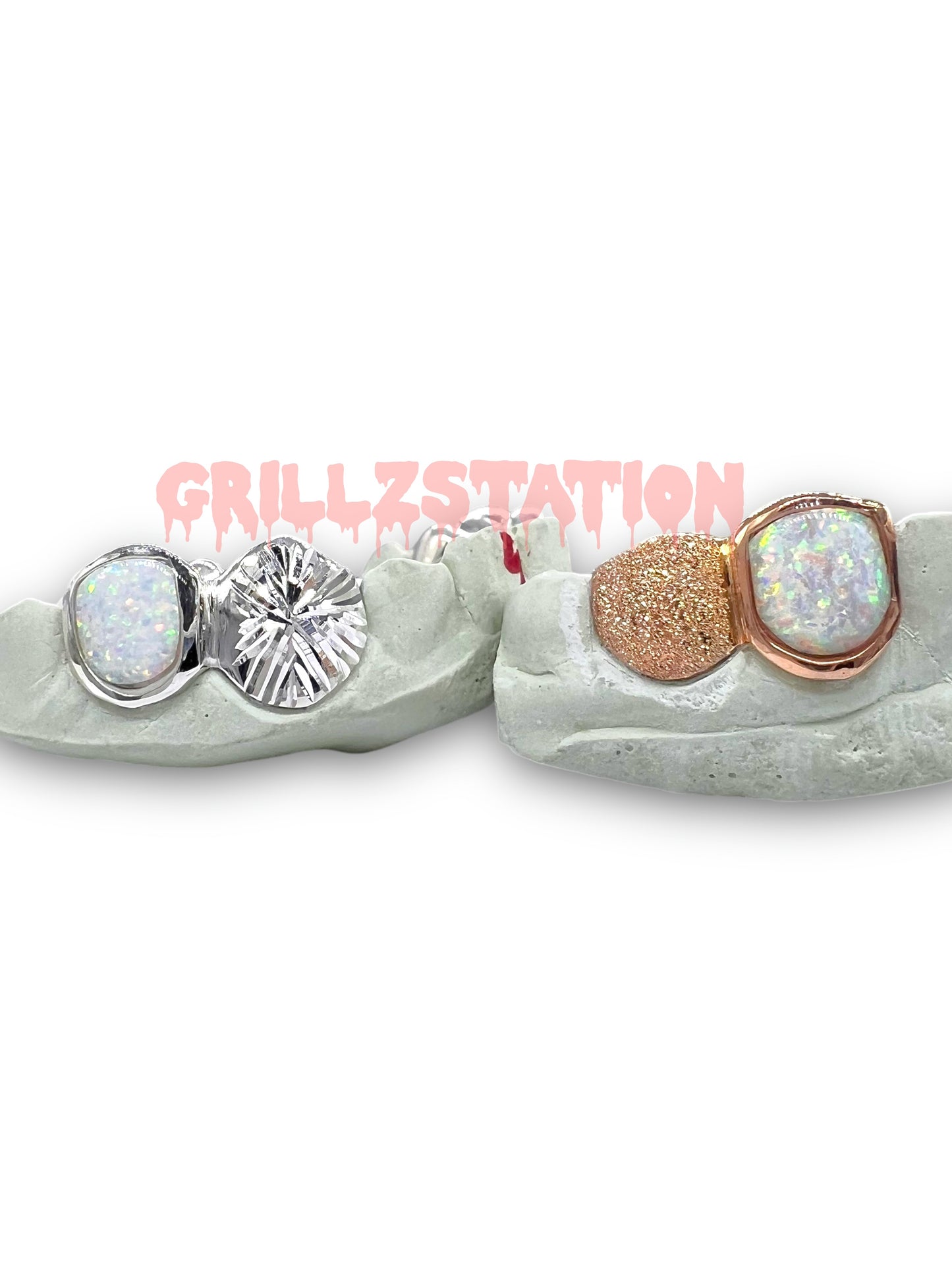 2 Teeth White Opal Teeth Single or with bar Fangs Custom gold Grillz by Grillzstation - GRILLZSTATION