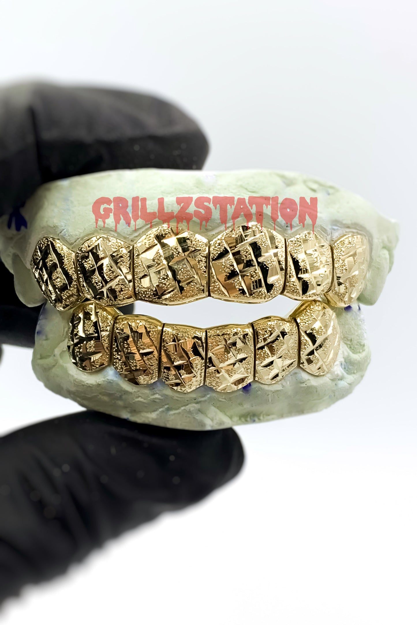 Ultra Diamond Cut Diamond Dust Teeth Grillz, Custom Handmade Solid Gold - GRILLZSTATION