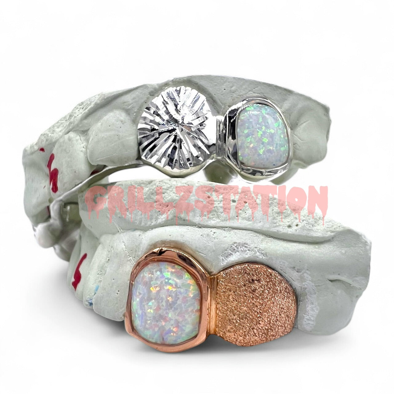 2 Teeth White Opal Teeth Single or with bar Fangs Custom gold Grillz by Grillzstation - GRILLZSTATION