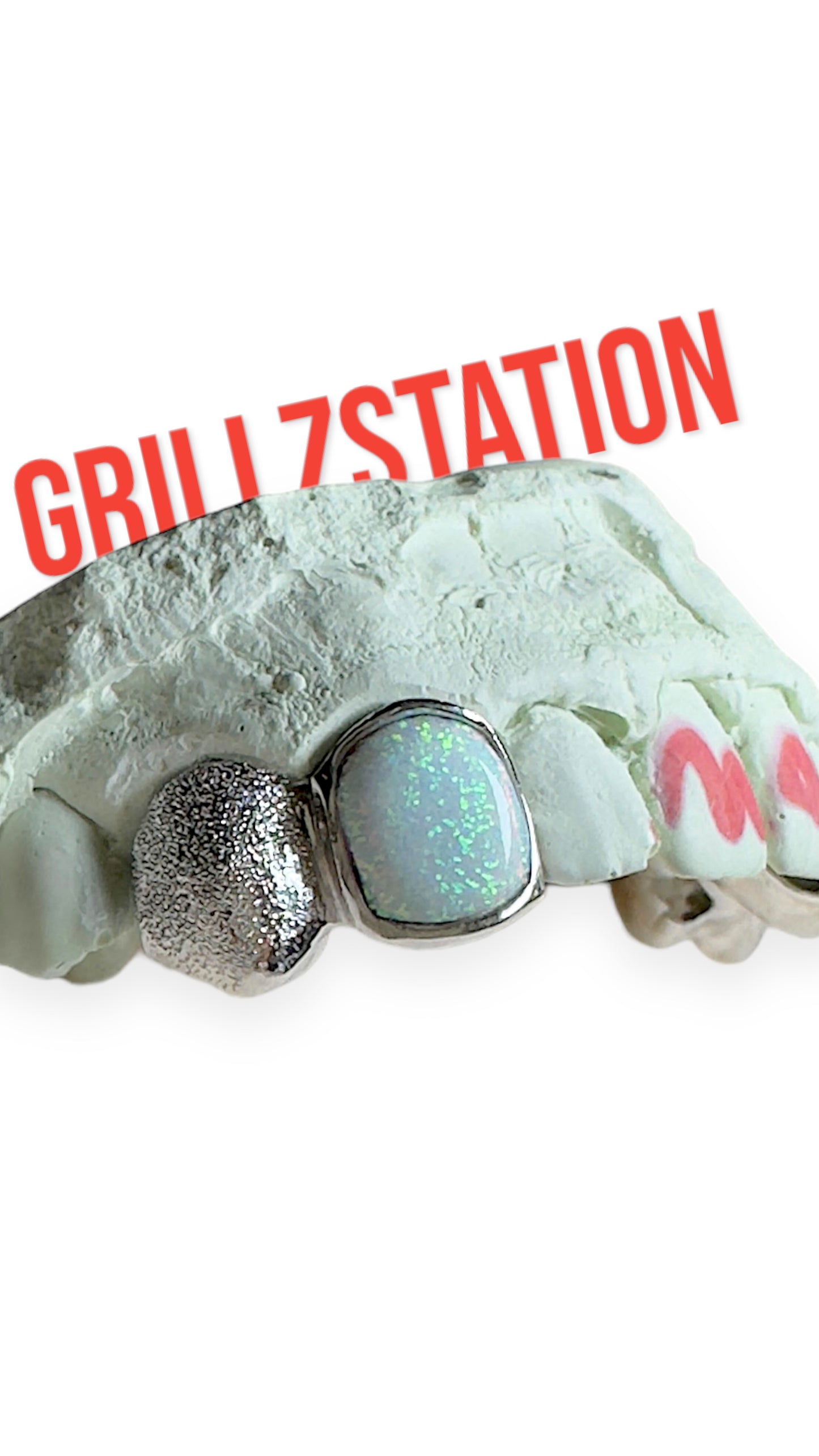 2Teeth White Opal Teeth Single or with bar Fangs Custom gold Grillz by Grillzstation - GRILLZSTATION