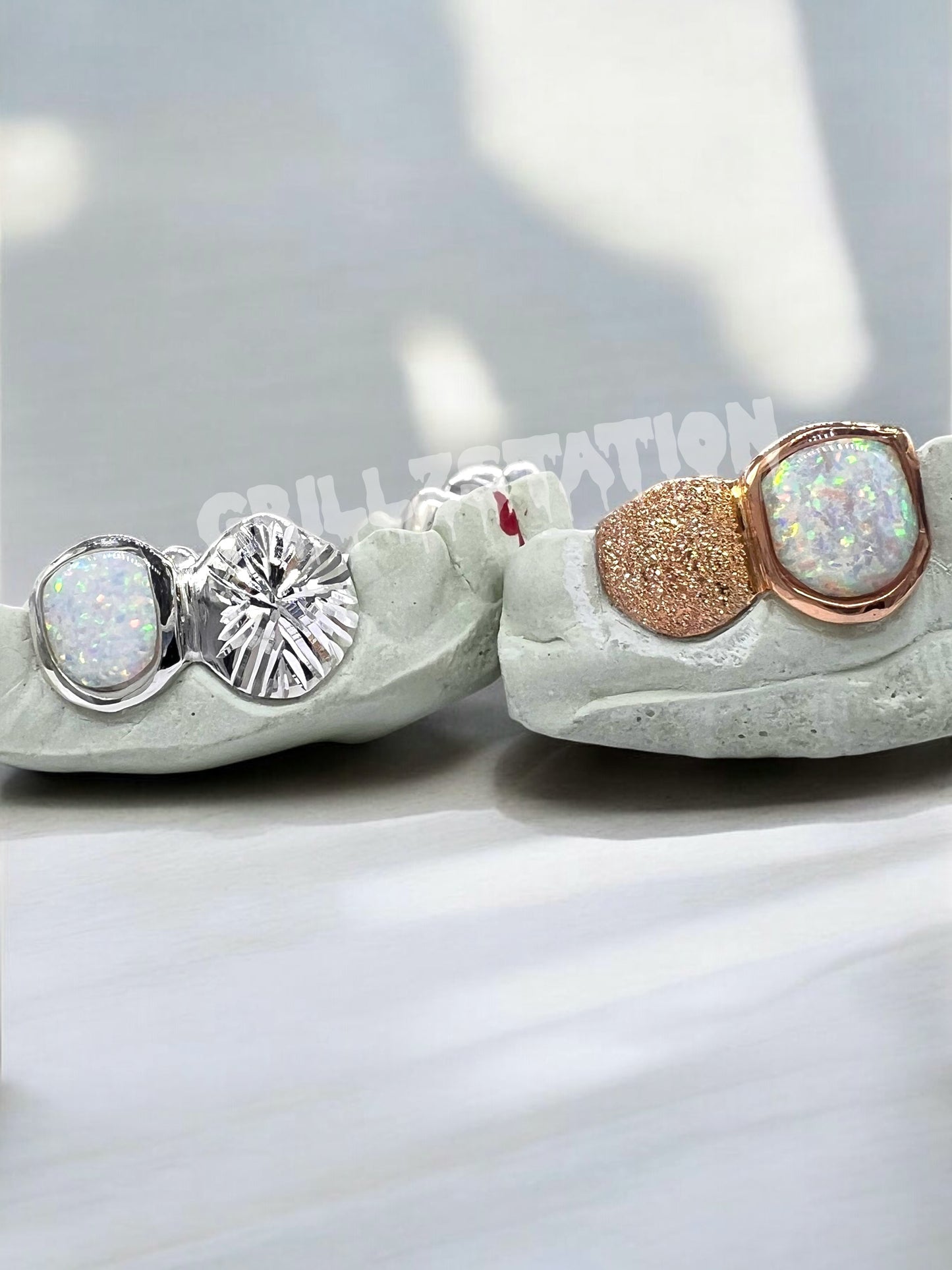 2Teeth White Opal Teeth Single or with bar Fangs Custom gold Grillz by Grillzstation - GRILLZSTATION