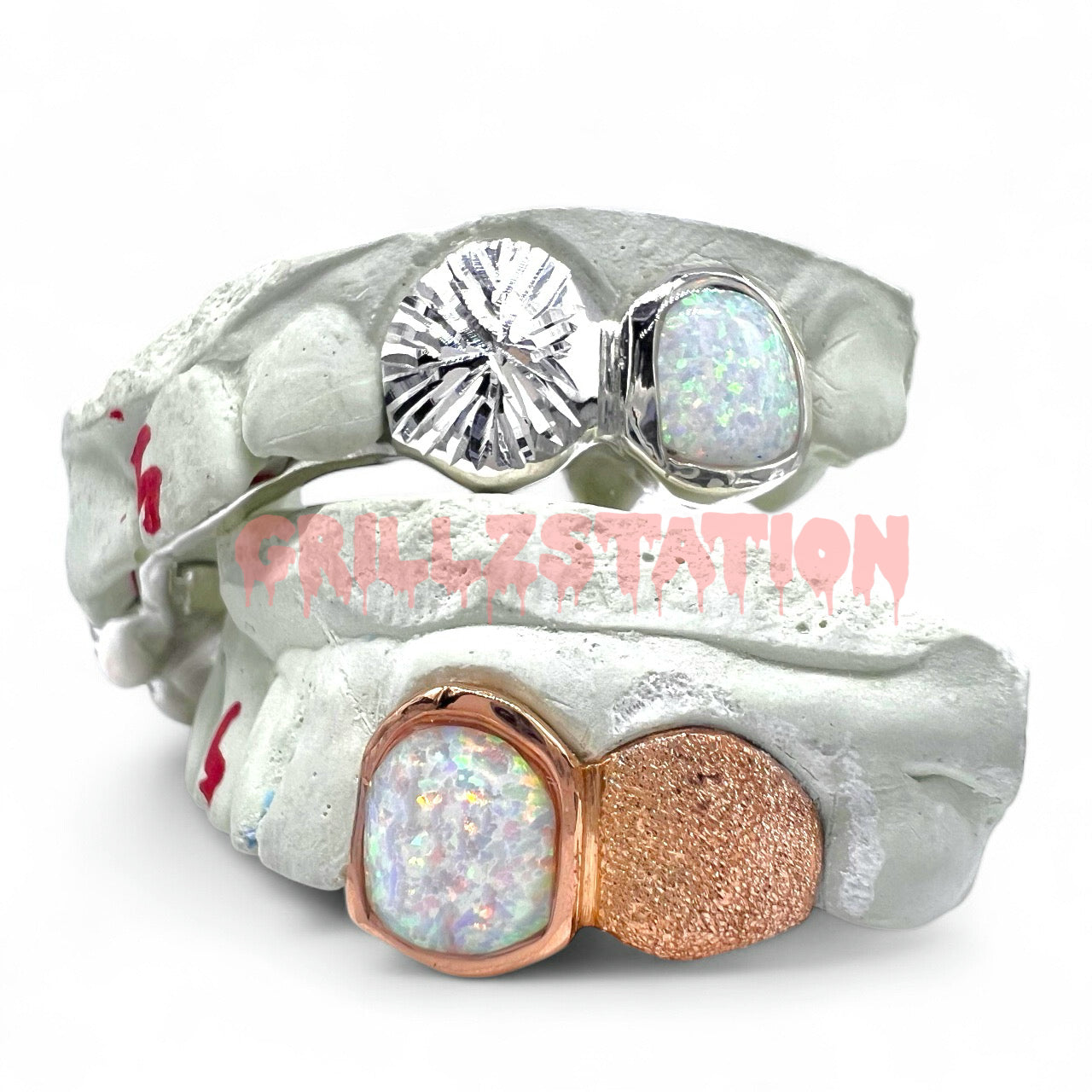 2Teeth White Opal Teeth Single or with bar Fangs Custom gold Grillz by Grillzstation - GRILLZSTATION