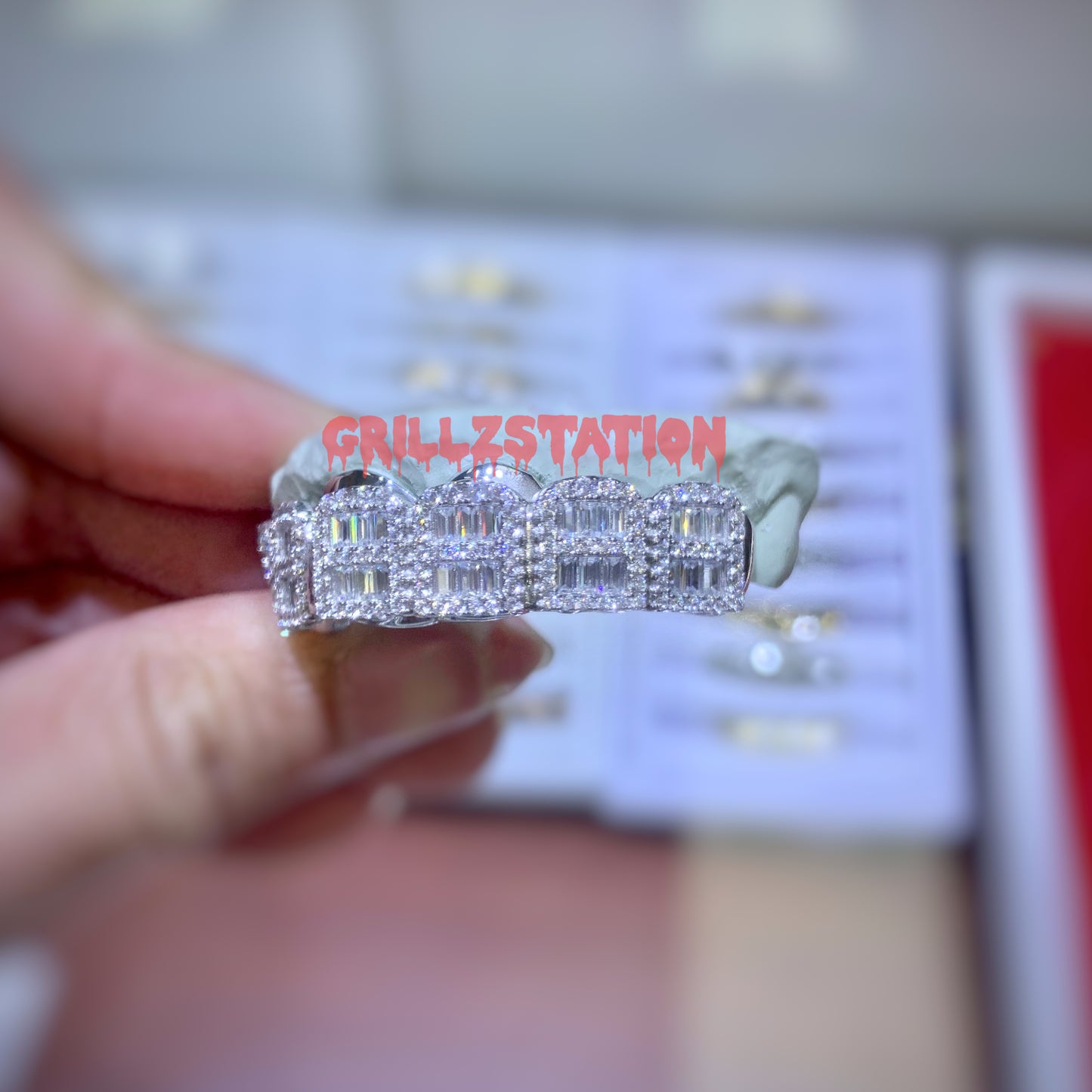CUSTOM GRILLZ with CZ baguette and Prong Set ice out 925 Silver - GRILLZSTATION