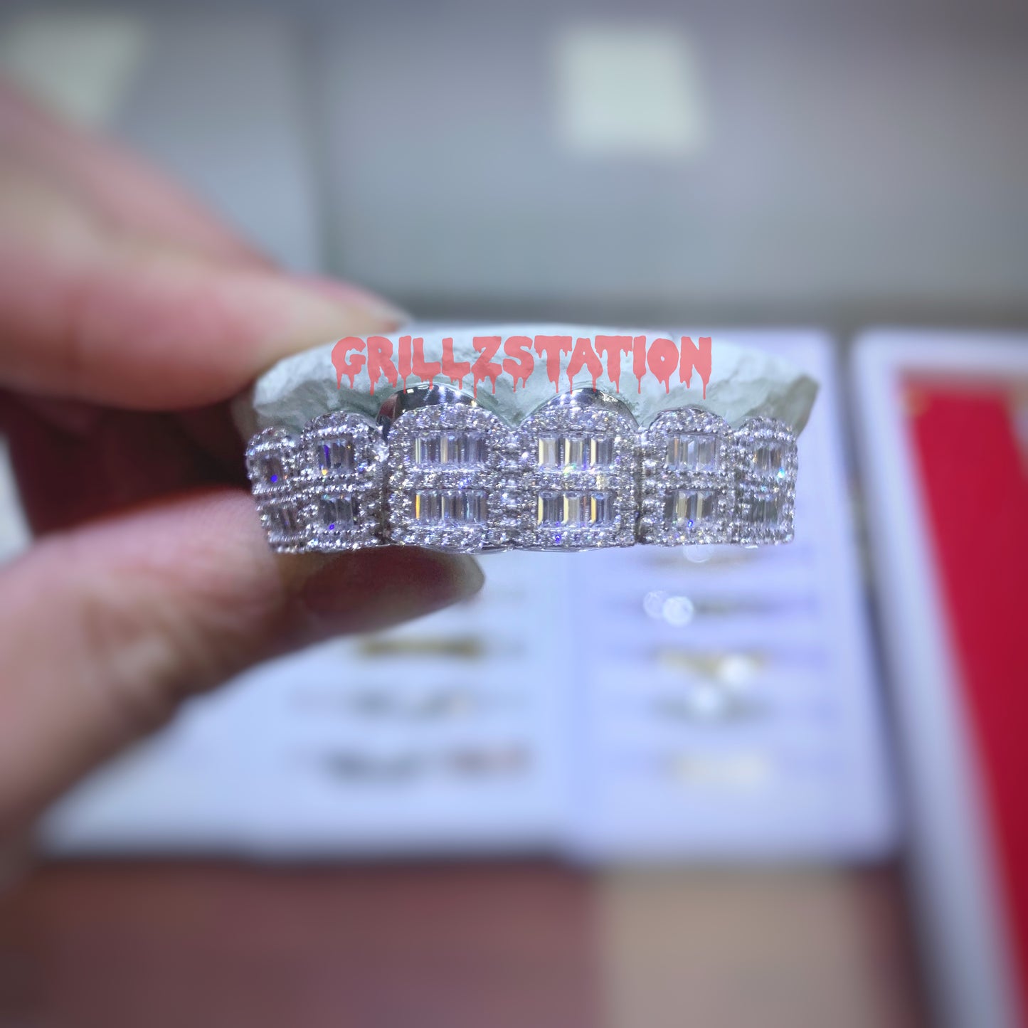 CUSTOM GRILLZ with CZ baguette and Prong Set ice out 925 Silver - GRILLZSTATION