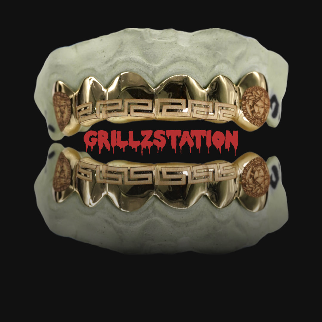 Custom Grillz Versace bar and medusa face fangs - GRILLZSTATION