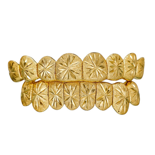 Starburst Cut Grillz, Diamond Dust Teeth Grillz, Custom Fitted Teeth Grillz, Yellow Silver Rose Gold Grillz, Dental Impression Kit Included - GRILLZSTATION 