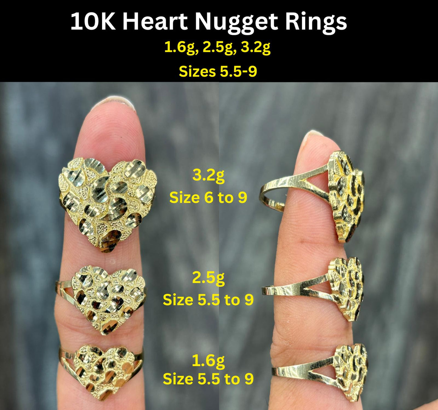 10K gold heart nugget Rings | Real Solid Gold 10K heart Nugget Ring Yellow Gold | 1.6gram to 3.5gram| Statement Rings |Nugget Ring for women