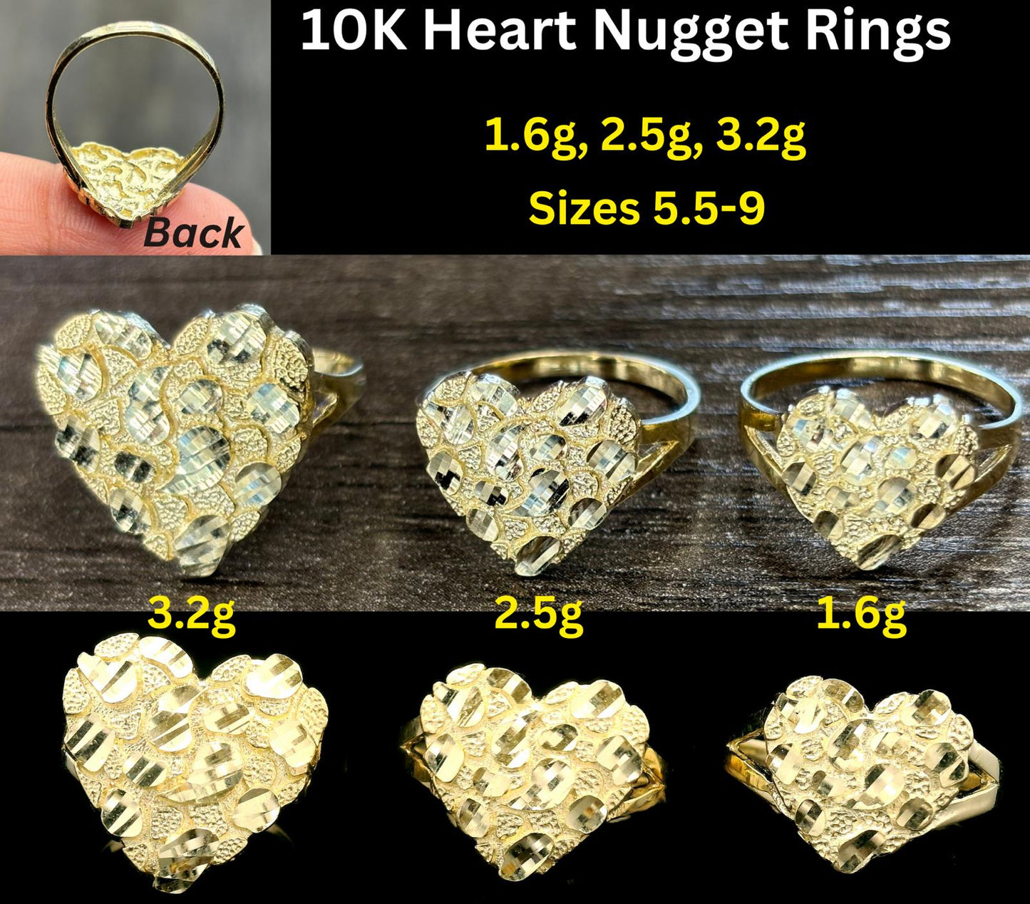 10K gold heart nugget Rings | Real Solid Gold 10K heart Nugget Ring Yellow Gold | 1.6gram to 3.5gram| Statement Rings |Nugget Ring for women