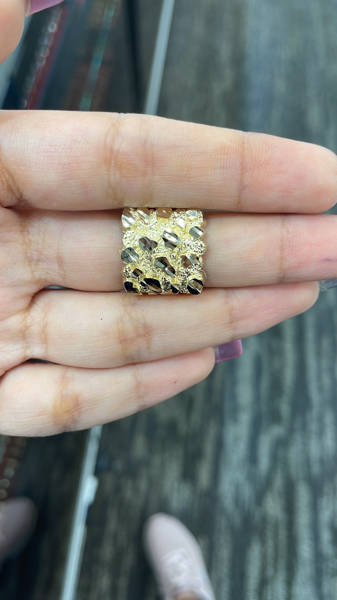 10K Square Gold Nugget Ring For Men