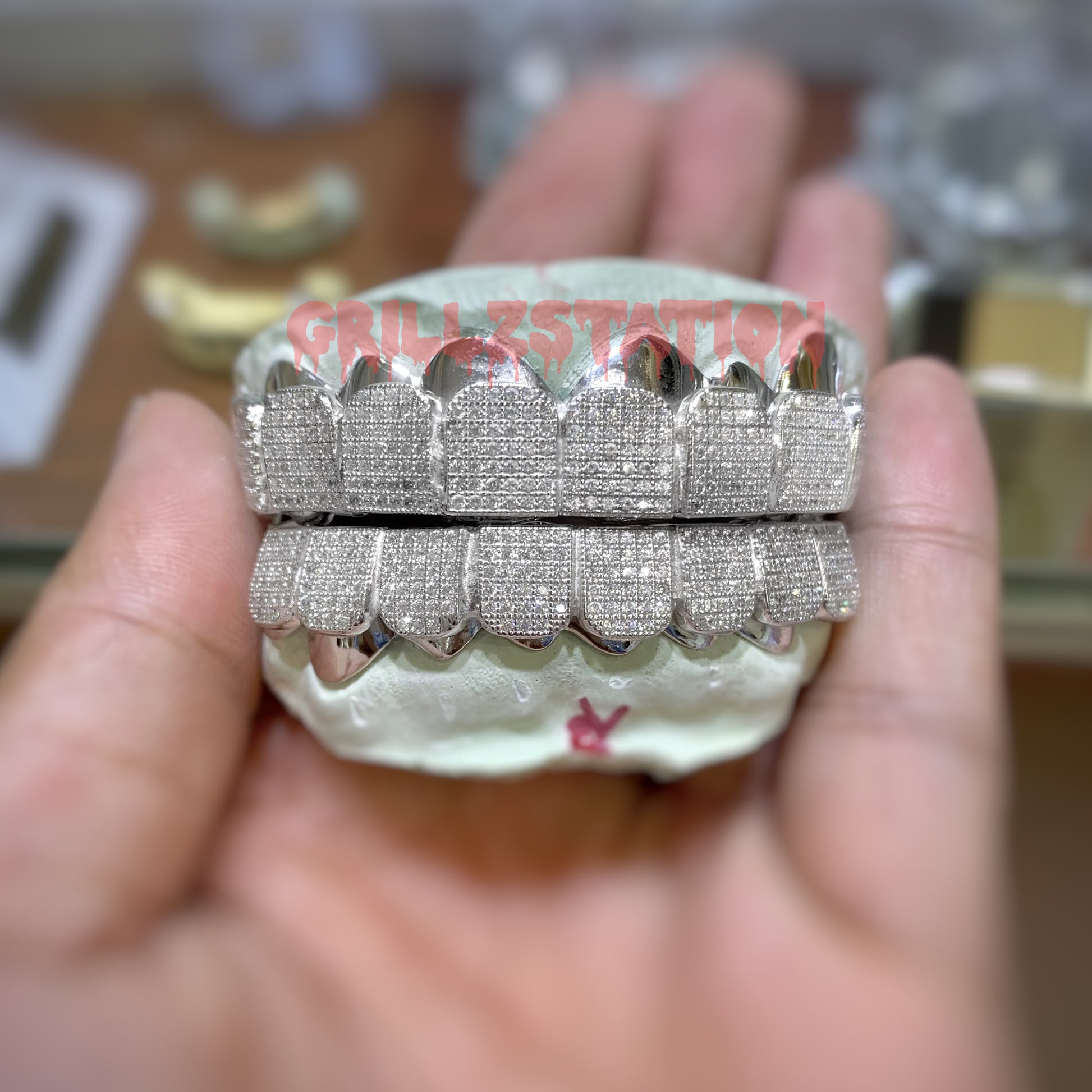 CUSTOM GRILLZ with CZ Pave ice out 925 Silver - GRILLZSTATION 
