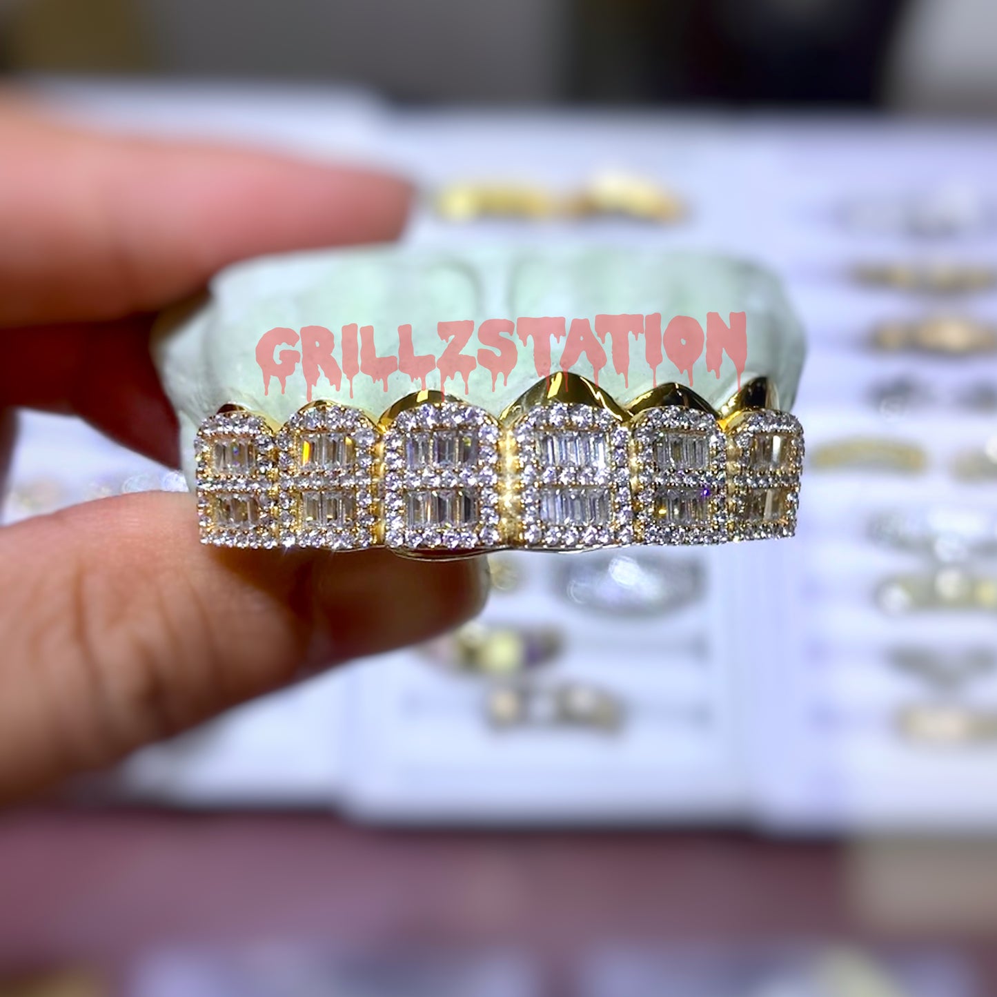 CUSTOM GRILLZ with CZ baguette and Prong Set ice out 925 Silver - GRILLZSTATION 