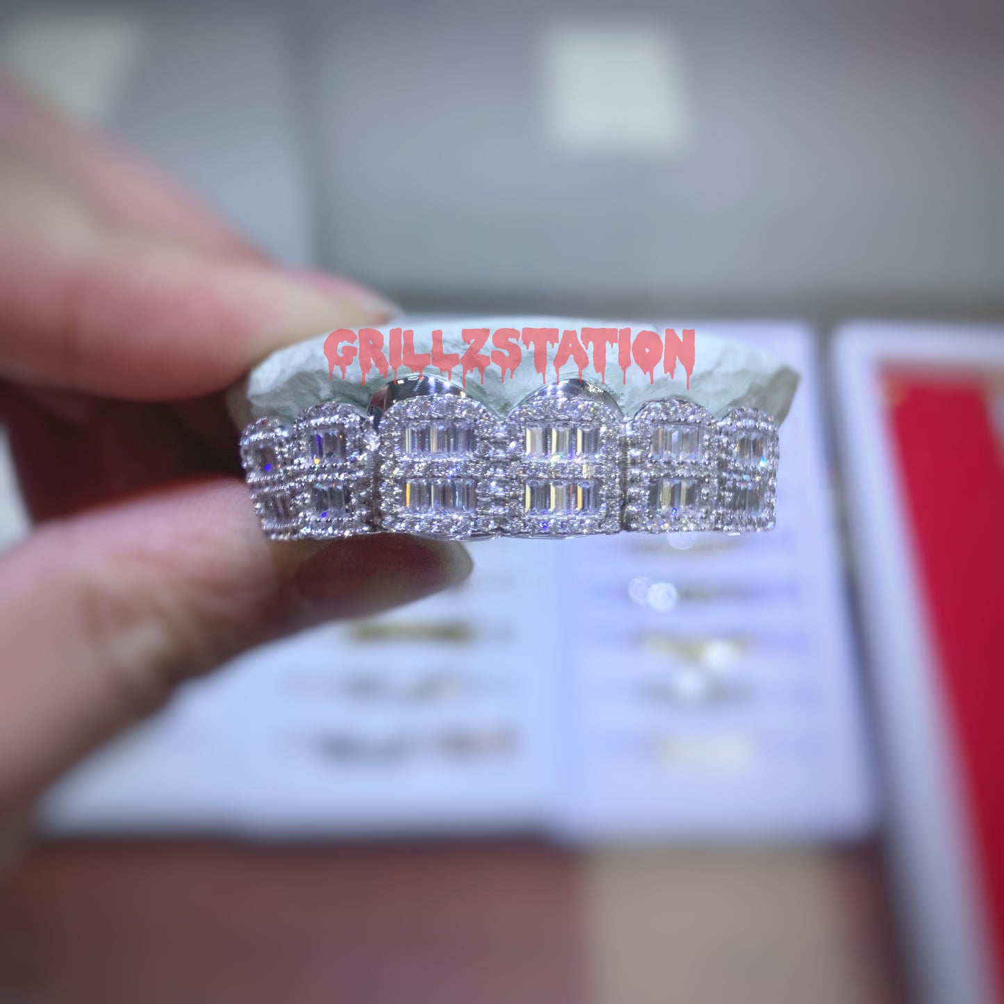 CUSTOM GRILLZ with CZ baguette and Prong Set ice out 925 Silver - GRILLZSTATION 
