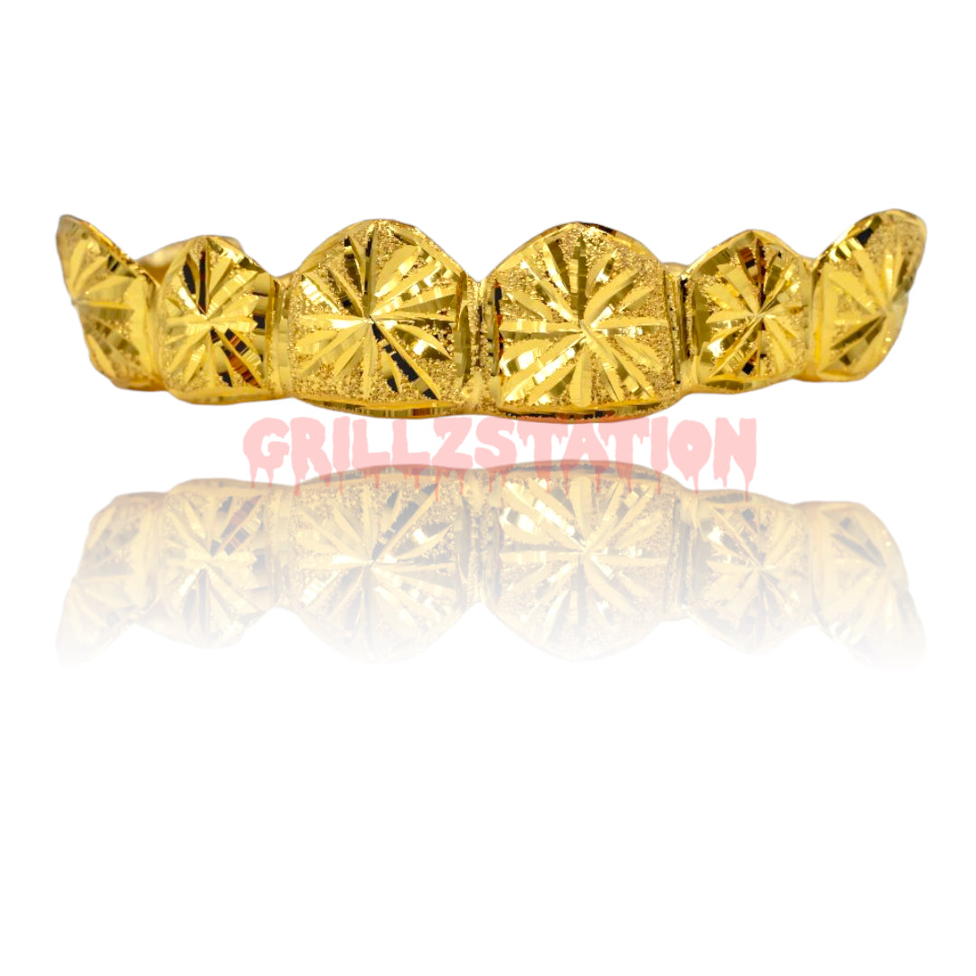 Starburst Cut Grillz, Diamond Dust Teeth Grillz, Custom Fitted Teeth Grillz, Yellow Silver Rose Gold Grillz, Dental Impression Kit Included - GRILLZSTATION 