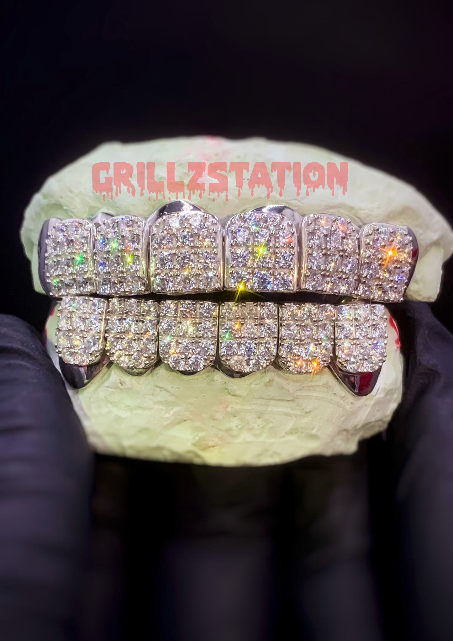 Top and Bottom CUSTOM GRILLZ with CZ prongset block ice out 925 Silver - GRILLZSTATION 